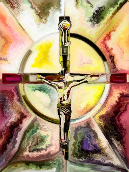 ステンドグラスシリーズの総合信仰クロス キリストと自然の十字架刑の断片化された団結に関する作品のための有機的な教会の窓の色パターンの背景デザイン — ストック写真