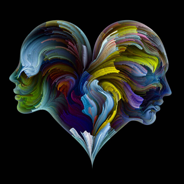 "Soul Mates". Головы самцов и самок соединились в символ формы сердца с мазками цифровой краски. Иллюстрация на тему любви, романтики, брака и семьи
.