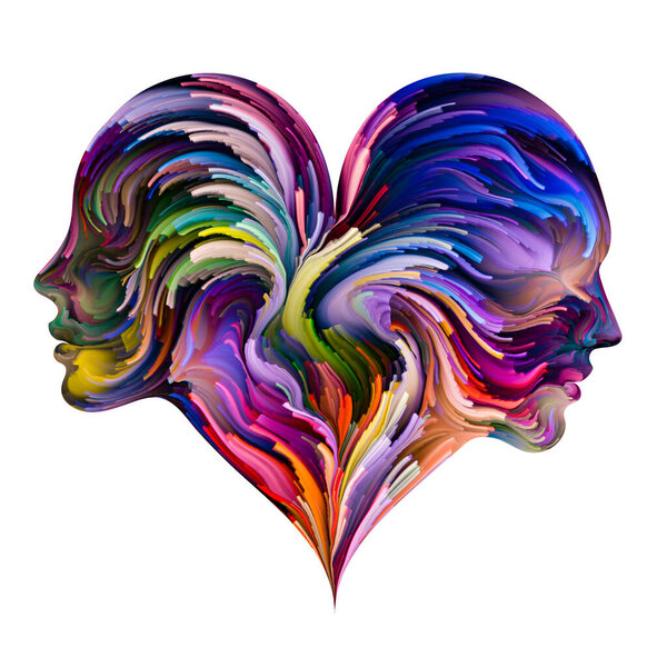 "Soul Mates". Головы самцов и самок соединились в символ формы сердца с мазками цифровой краски. Иллюстрация на тему любви, романтики, брака и семьи
.