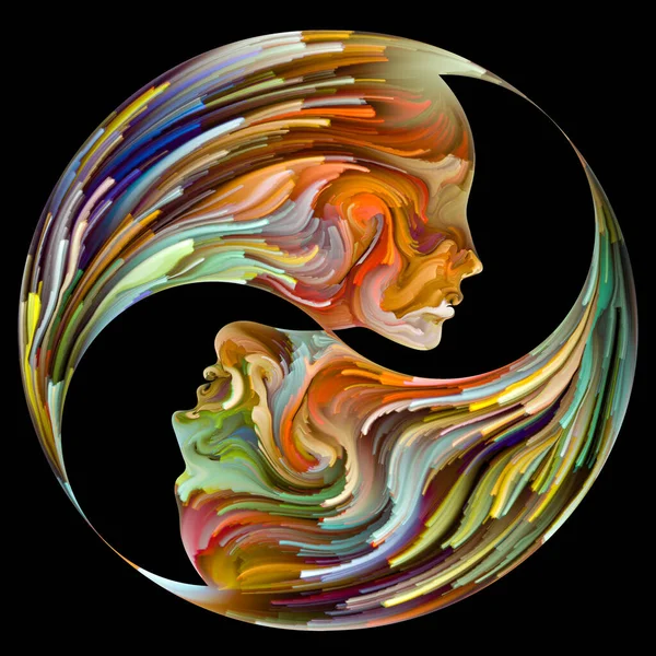 Emotional Palette series. Yin Yang swirling palette. Abstract painting of female and male silhouettes in  vibrant colors on subject of unity in suchness of male and female nature.