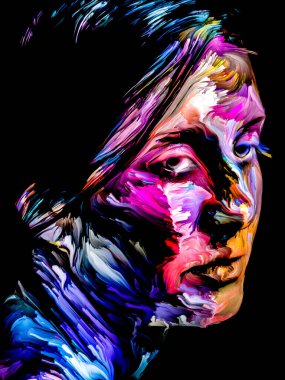 Renk serisi insanları. Yaratıcılık, hayal gücü ve sanat konularında genç bir kadının renkli soyut portresi.