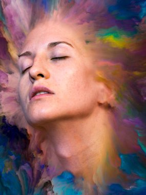 Dünya serisi. Duygular, duygular, iç dünya, yaratıcılık ve hayal gücü konularında kadın portresiyle birleştirilmiş sanatsal soyutlama.