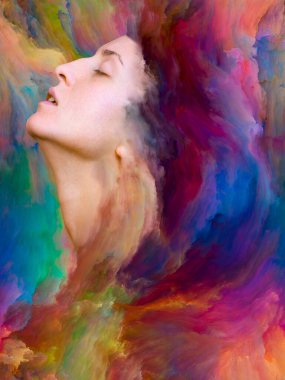 Onun Dünya serisi. Mecazi ilişki duygular, duygular, iç dünya, yaratıcılık ve hayal gücü ile canlı boya ile kadın portre bileşimi erimiş