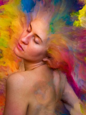 Onun Dünya serisi. Kadın portre tasarlamak zemin inşaat üstünde duygular, duygular, iç dünya, yaratıcılık ve hayal gücü için canlı boya ile erimiş