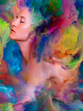 Dünya serisi. Duygular, duygular, iç dünya, yaratıcılık ve hayal gücü konularındaki tasarımınızı tamamlamak için kadın portresinin arka planı canlı boyayla kaynaşmış.