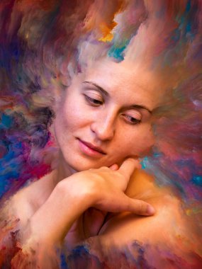 Onun Dünya serisi. Canlı boya uygun projeler üzerinde duygular, duygular, iç dünya, yaratıcılık ve hayal gücü ile erimiş kadın portresi aranjman