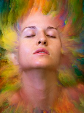 Onun Dünya serisi. Kadın portre konusu duygular, duygular, iç dünya, yaratıcılık ve hayal gücü için canlı boya ile erimiş grafik bileşimi