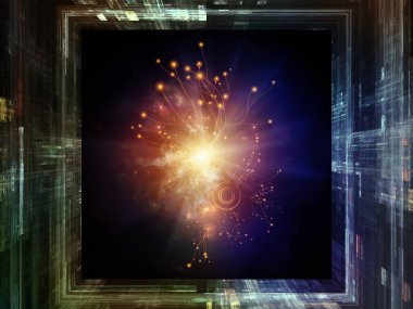 Sanal alan ve bilgi teknolojisi üzerinde kare fraktal çerçeve ve soyut parlayan yapı bileşimi