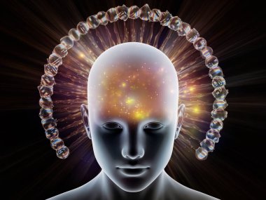 Düşünce Enerjisi serisi. İnsan zihninin işleyişini göstermek için soyut fraktal yapıyla çevrelenmiş insan kafası.