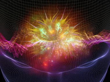 Zihin dalgası serisi. Bilinç, akıl, düşünce ve iç dünya üzerine soyut ışık dalgalarıyla insan yüzünün kablo çerçevesi..