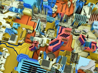 Yer Değiştirme Dünyası serisi. Bilim, modern teknoloji ve eğitim konularında soyut teknolojik örüntünün 3 boyutlu yorumlanması.