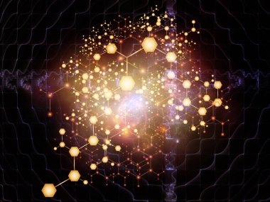 Moleküler yapı serisi. Bilim ve teknoloji konularında soyut atomların kristal ağa geçişi.