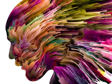 Rahatsız edici Düşünceler serisi. Sıvı boya insan yüzü siluetinde hareket halinde. İç dünya, zihin, psikoloji, depresyon, anksiyete, zihinsel hastalık, yaratıcılık ve soyut sanat konularındaki sanat çalışmaları.