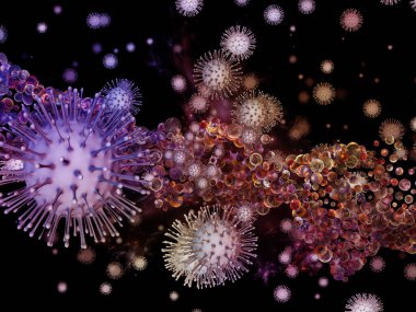 Virüs Mantığı. Viral Salgın Serisi. Coronavirus parçacıkları ve virüs, salgın, enfeksiyon, hastalık ve sağlıkla ilgili mikro uzay elementlerinin 3D Illustration 'ı