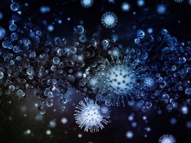 Coronavirus Evreni. Viral Salgın Serisi. Virüs, salgın, enfeksiyon, hastalık ve sağlık konularında 3 boyutlu Coronavirus parçacıkları ve mikro uzay elementleri