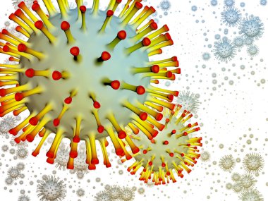 Coronavirus Matematik. Viral Salgın Serisi. 3 boyutlu Coronavirus parçacıkları ve mikro uzay elementlerinin virüs, salgın hastalık, enfeksiyon, hastalık ve sağlık ile kavramsal ilişkisi