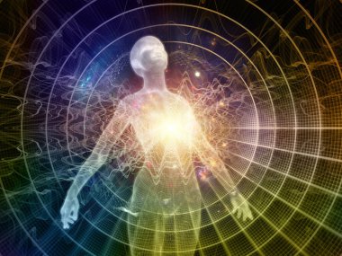 Light Within series. 3D rendering of human figure, radiating light and fractal elements on the subject of inner energy, astral dimension and spirituality. clipart