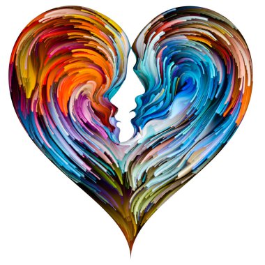Duygusal Palet serisi. Heart Over Egos. Aşk, ilişkiler ve romantizm konularındaki erkek ve kadın siluetlerinin birleşiminde canlı renklerin soyut resmi.