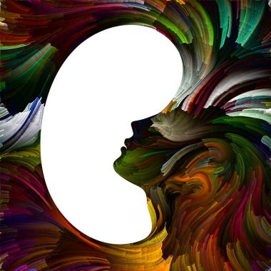 Duygusal Palet serisi. İç mekan. Hayal gücü, yaratıcılık ve iç dünya konularında kadın siluetlerinin canlı renklerinin soyut tablosu.