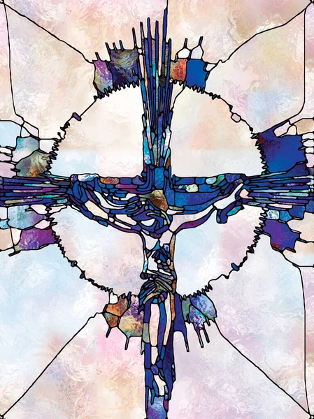 色の信仰 ステンドグラスシリーズのクロス キリストと自然の十字架刑の断片化された団結の主題に関するデザインを補完する有機的な教会の窓の色パターンの背景 — ストック写真