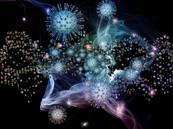 Renderowanie Interakcji Cząstek Wirusowych Abstrakcyjnych Mikroskopijnych Elementów Temat Koronawirusu Infekcji — Zdjęcie stockowe