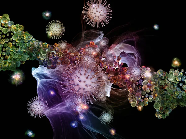 Redare Interacțiunii Particulelor Virale Elementelor Microscopice Abstracte Tema Coronavirusului Infecției — Fotografie, imagine de stoc
