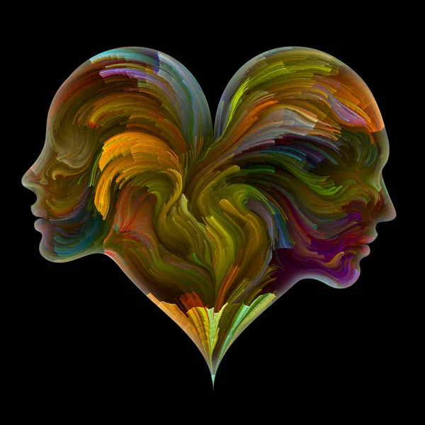 Soul Mates series. Male and female heads joined into heart shape symbol with brushstrokes of digital paint. Illustration on subject of love, romance,  marriage and family.