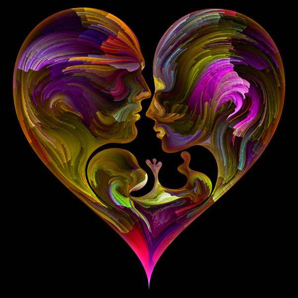 "Soul Mates". Мужские, женские и эмбриональные контуры соединились в символ формы сердца с мазками цифровой краски. Иллюстрация на тему любви, родительства, брака и семьи.