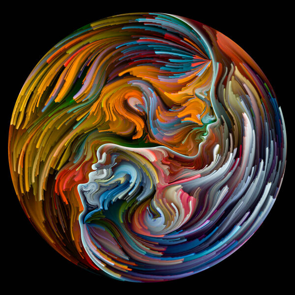 "Soul Mates". Нечеткие мужские, женские черты лица соединились в символ формы инь-янь с мазками цифровой краски. Иллюстрация на тему любви, романтики, искусства и сил в природе.