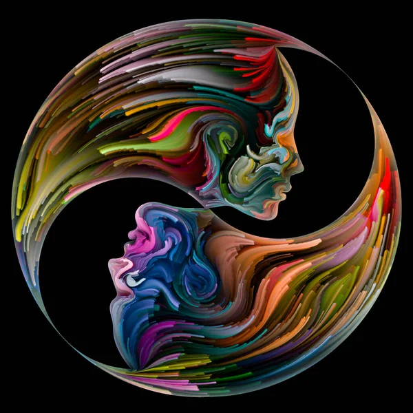 Soul Mates series. Distinct male and female facial features and negative silhouettes joined into parts of yin yang shape symbol of brushstrokes of digital paint. Illustration on subject of love, romance, art and forces in Nature.