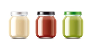 Bebek maması için ambalaj. Orta boy. Farklı kapak renkleri ve içeriği ile setleri.