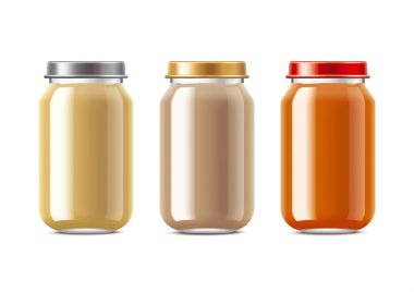 Bebek maması için ambalaj. Büyük boy. Farklı kapak renkleri ve içeriği ile setleri.