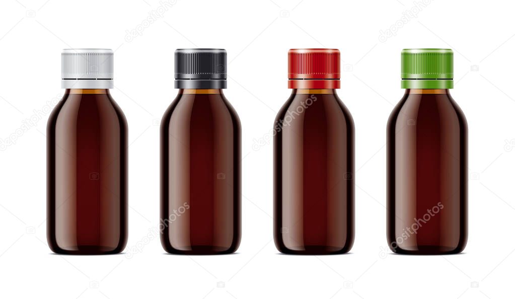 Blank bottles mockups for syrup or other pharmaceutical liquids. Dark brown bottles