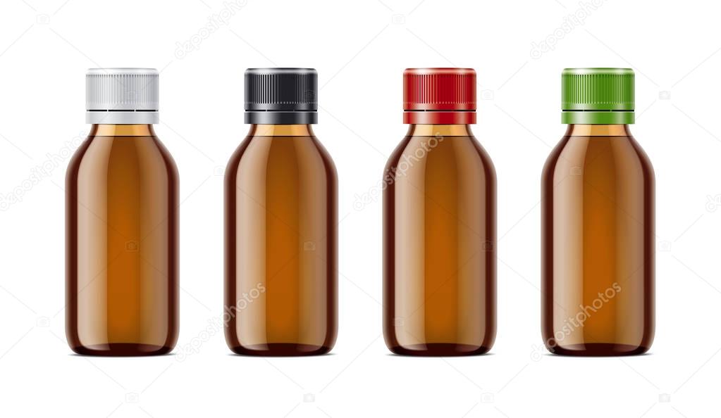 Blank bottles mockups for syrup or other pharmaceutical liquids. Light brown bottles