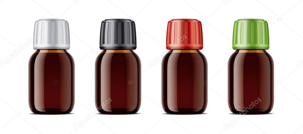 Blank bottles mockups for syrup or other pharmaceutical liquids. Dark brown bottles