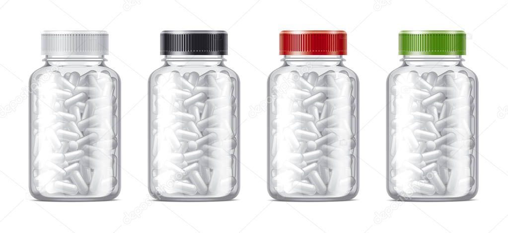 Blank bottles mockups for pills or other pharmaceutical preparations. Transparent bottles with pills