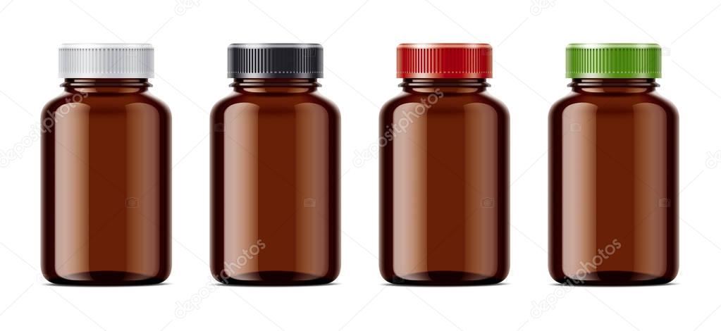 Blank bottles mockups for pills or other pharmaceutical preparations. Transparent dark bottles