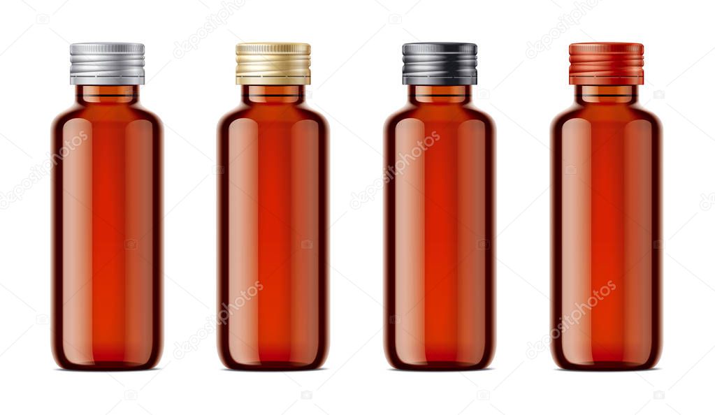 Blank bottles mockups for syrup or other pharmaceutical liquids. Light brown bottles with metal lid.