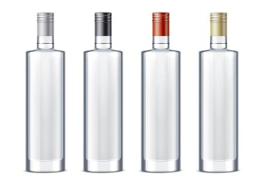 Boş şişeleri alkollü içecekler için. Örnekler şişe renkli metalik cups ile