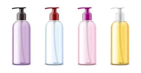 Plastic Cosmetic Spray Mockup Garrafa Transparente Gorros Coloridos — Fotografia de Stock