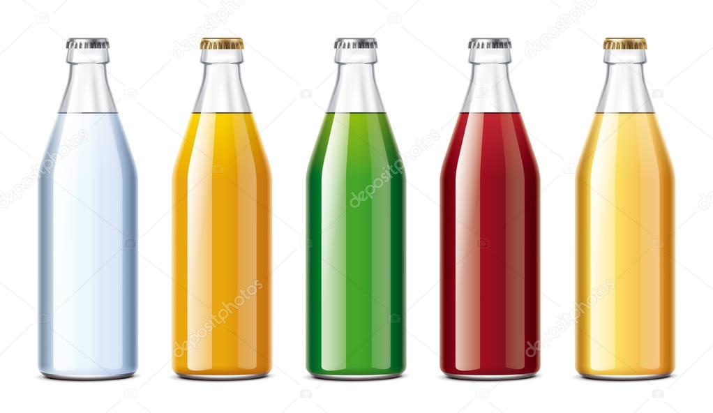 Bottles with lemonade, soda, juice and water