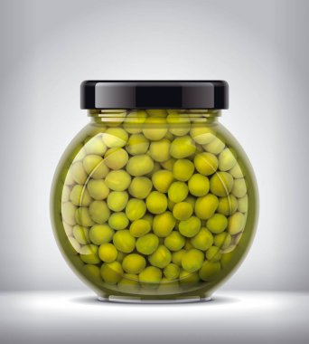 Arka Planda konserve Bezelye Cam Kavanoz. 