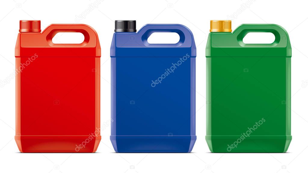 A set of Jerricans. Version of Plastic Red, Blue, Green colors.
