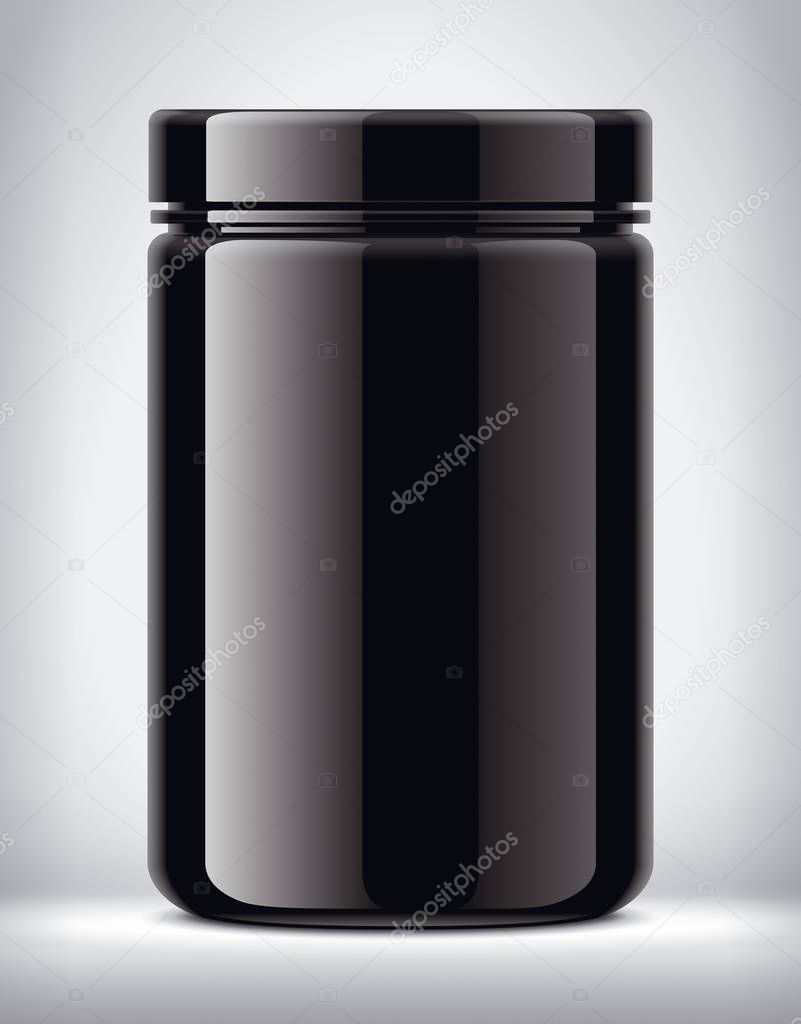 Plastic jar on background. Glossy surface