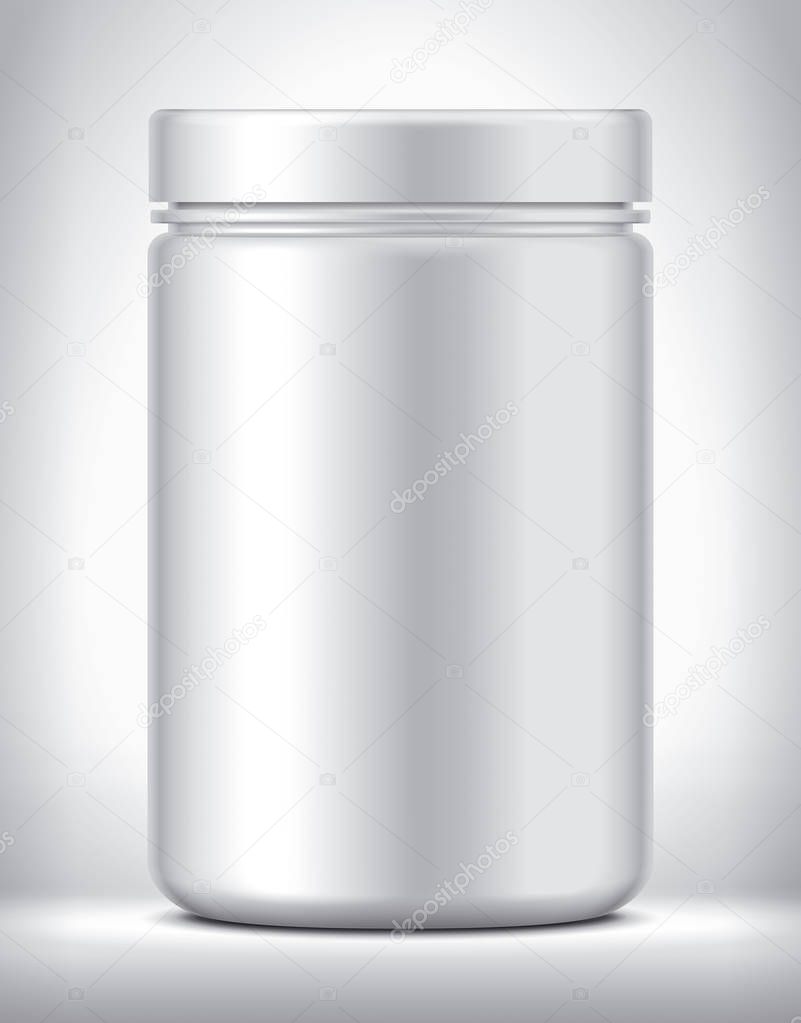 Plastic jar on background. Matte surface