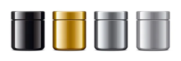 Set Plastic Jars Metalized Surface Version Gold Silver Grey Black — Stock Photo, Image