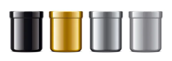 Set Plastic Jars Metalized Surface Version Gold Silver Grey Black — Stock Photo, Image