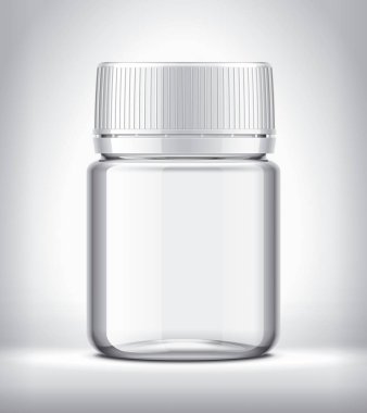 Arka plandaki haplar için bir şişe. Şeffaf versiyonu. Beyaz Şapka. 