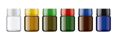 Haplar için renkli şişeler. Parlak şeffaf sürüm. 