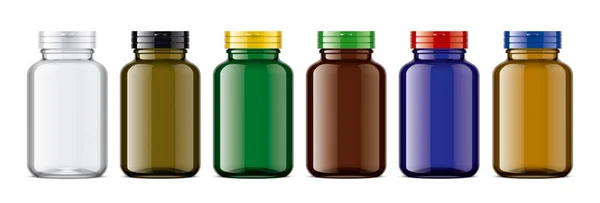 Uppsättning Färgade Flaskor För Piller Glänsande Transparent Version — Stockfoto